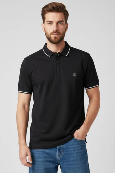 Polo Yaka Çıtçıtlı Erkek T-shirt Siyah - Siyah Polo Yaka Tişört