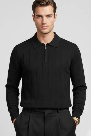 Polo Yaka Çizgi Desenli Kazak Siyah - Erkek Kazak