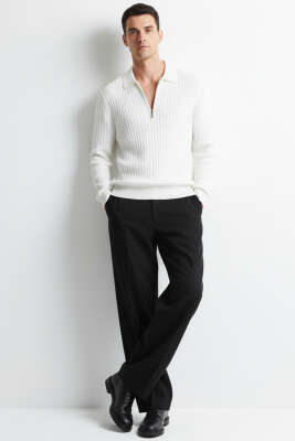 Polo Yaka Çizgi Detaylı Erkek Kazak Beyaz - Erkek Kazak