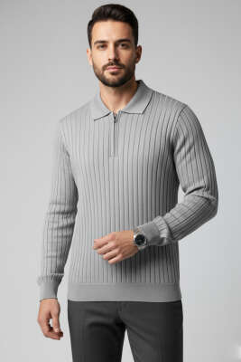 Polo Yaka Çizgi Detaylı Erkek Kazak Gri 