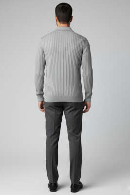 Polo Yaka Çizgi Detaylı Erkek Kazak Gri - Erkek Kazak