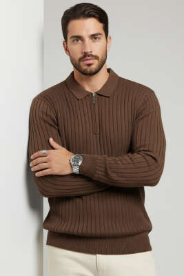 Polo Yaka Çizgi Detaylı Erkek Kazak Kahve 