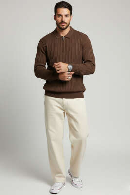 Polo Yaka Çizgi Detaylı Erkek Kazak Kahve - Erkek Kazak