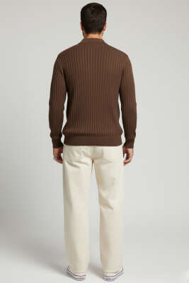 Polo Yaka Çizgi Detaylı Erkek Kazak Kahve - Erkek Kazak