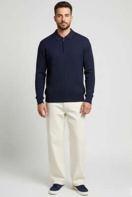 Polo Yaka Çizgi Detaylı Erkek Kazak Lacivert - Erkek Kazak