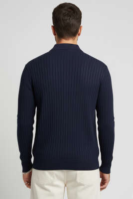 Polo Yaka Çizgi Detaylı Erkek Kazak Lacivert - Erkek Kazak