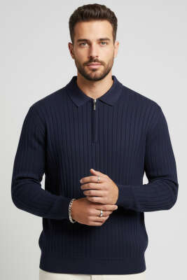 Polo Yaka Çizgi Detaylı Erkek Kazak Lacivert 