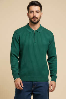 Polo Yaka Çizgi Detaylı Erkek Kazak Nefti 