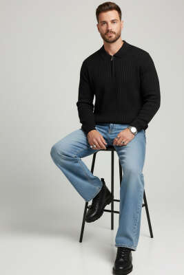 Polo Yaka Çizgi Detaylı Erkek Kazak Siyah - Erkek Kazak