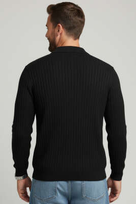 Polo Yaka Çizgi Detaylı Erkek Kazak Siyah - Erkek Kazak