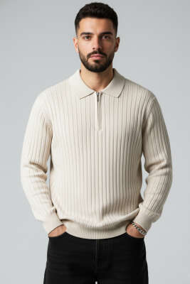 Polo Yaka Çizgi Detaylı Erkek Kazak Taş 