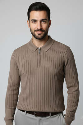 Polo Yaka Çizgi Detaylı Erkek Kazak Vizon 