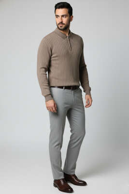 Polo Yaka Çizgi Detaylı Erkek Kazak Vizon - Erkek Kazak