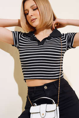 Polo Yaka Çizgili Crop Siyah - Kadın Giyim Modelleri
