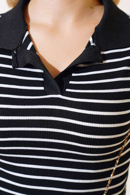Polo Yaka Çizgili Crop Siyah - Kadın Giyim Modelleri