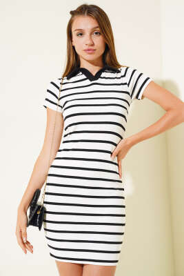 Polo Yaka Çizgili Elbise Beyaz - LUSTRİN