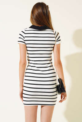 Polo Yaka Çizgili Elbise Beyaz - Kadın Giyim Modelleri