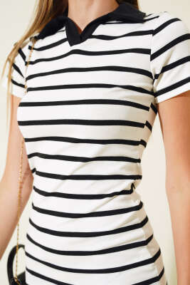 Polo Yaka Çizgili Elbise Beyaz - Kadın Giyim Modelleri