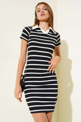 Polo Yaka Çizgili Elbise Siyah - Kadın Giyim Modelleri