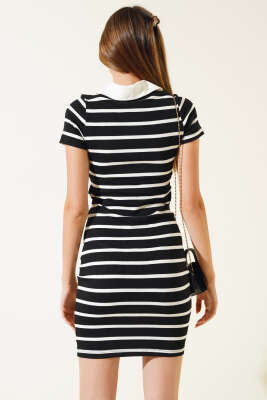 Polo Yaka Çizgili Elbise Siyah - Kadın Giyim Modelleri
