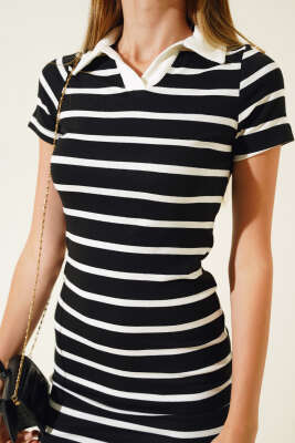 Polo Yaka Çizgili Elbise Siyah - Kadın Giyim Modelleri