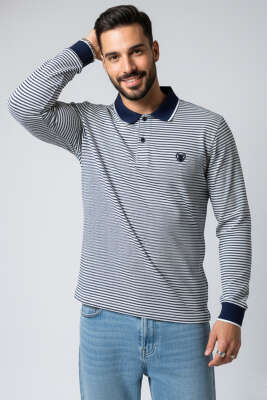 Polo Yaka Çizgili Erkek Sweatshirt Lacivert 