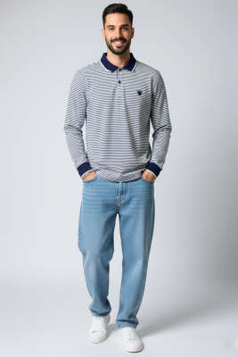 Polo Yaka Çizgili Erkek Sweatshirt Lacivert - Erkek Sweatshirt