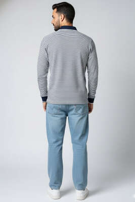 Polo Yaka Çizgili Erkek Sweatshirt Lacivert - Erkek Sweatshirt