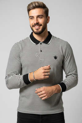Polo Yaka Çizgili Erkek Sweatshirt Siyah - HİT TİME
