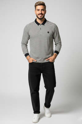Polo Yaka Çizgili Erkek Sweatshirt Siyah - Erkek Sweatshirt