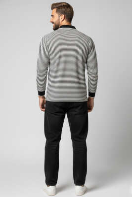 Polo Yaka Çizgili Erkek Sweatshirt Siyah - Erkek Sweatshirt