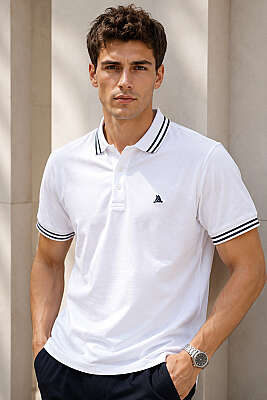 Polo Yaka Çizgili Erkek T-shirt Beyaz - HİT TİME