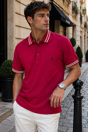 Polo Yaka Çizgili Erkek T-shirt Bordo - Erkek T-shirt
