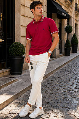 Polo Yaka Çizgili Erkek T-shirt Bordo - Erkek T-shirt