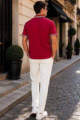 Polo Yaka Çizgili Erkek T-shirt Bordo - Erkek T-shirt
