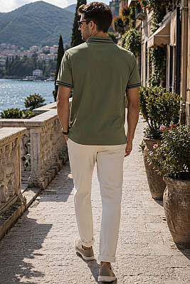 Polo Yaka Çizgili Erkek T-shirt Haki - Erkek T-shirt