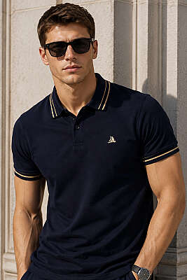Polo Yaka Çizgili Erkek T-shirt Lacivert 