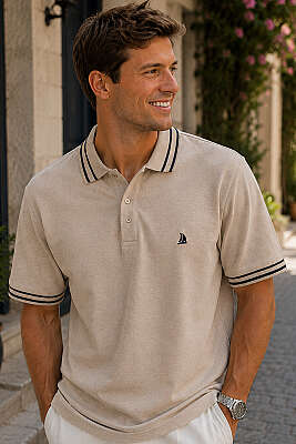 Polo Yaka Çizgili Erkek T-shirt Melanj Camel 