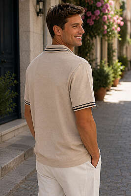 Polo Yaka Çizgili Erkek T-shirt Melanj Camel - Erkek T-shirt