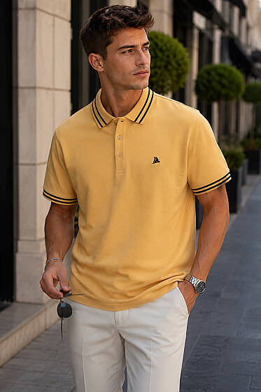 Polo Yaka Çizgili Erkek T-shirt Safran - Erkek T-shirt