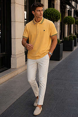 Polo Yaka Çizgili Erkek T-shirt Safran - Erkek T-shirt