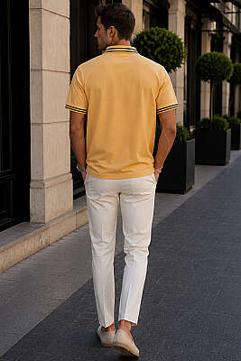 Polo Yaka Çizgili Erkek T-shirt Safran - Erkek T-shirt