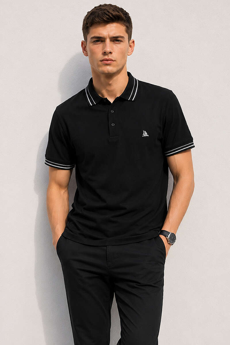 Polo Yaka Çizgili Erkek T-shirt Siyah