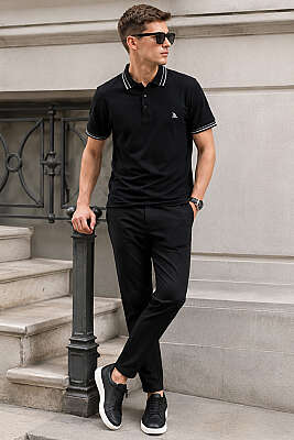 Polo Yaka Çizgili Erkek T-shirt Siyah - Siyah Polo Yaka Tişört