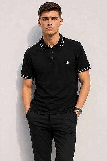 Polo Yaka Çizgili Erkek T-shirt Siyah - Siyah Polo Yaka Tişört