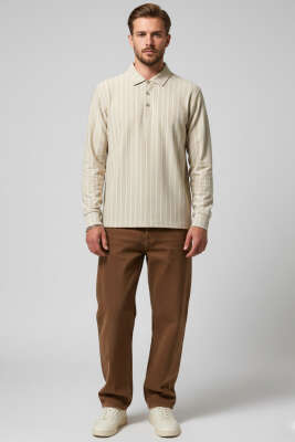 Polo Yaka Çizgili Uzun Kollu Erkek T-shirt Bej - Yeni Erkek Giyim