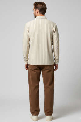 Polo Yaka Çizgili Uzun Kollu Erkek T-shirt Bej - Yeni Erkek Giyim