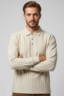 Polo Yaka Çizgili Uzun Kollu Erkek T-shirt Bej 