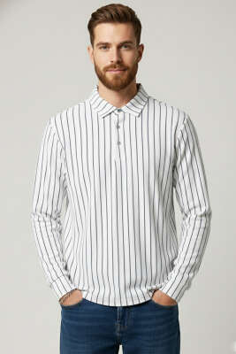 Polo Yaka Çizgili Uzun Kollu Erkek T-shirt Beyaz 