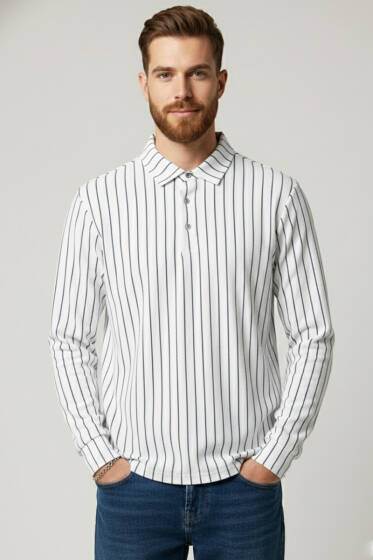 Polo Yaka Çizgili Uzun Kollu Erkek T-shirt Beyaz - Yeni Erkek Giyim